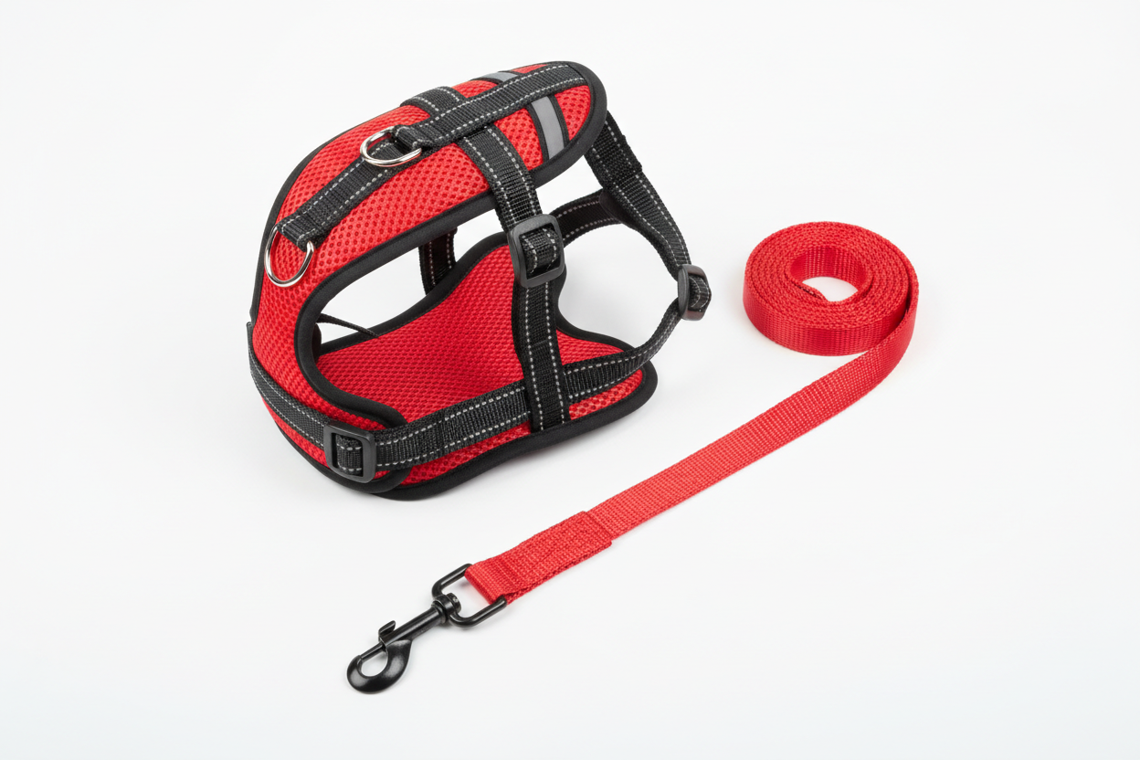 Red no-pull dog harness with matching leash, breathable mesh and reflective stitching