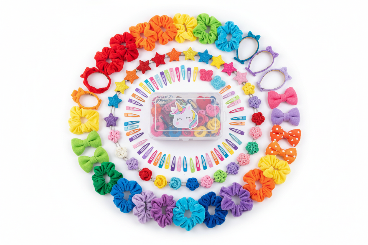 Kids 50-piece hair accessories set with scrunchies, clips, headbands and bows in rainbow colors