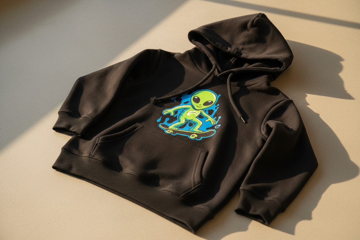 Kids Premium Graphic Hoodie in black with bold graphic print, flat lay on light surface