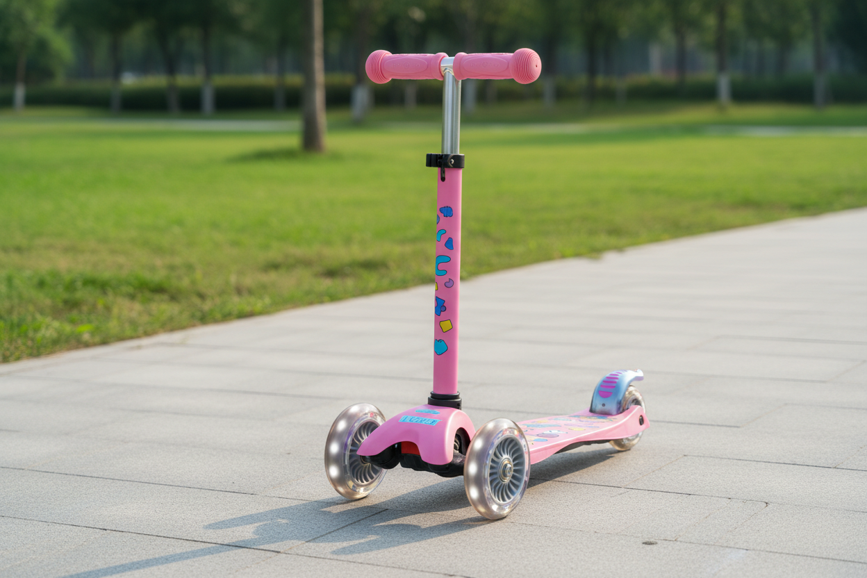 Kids 3-Wheel Kick Scooter in pink on outdoor pavement