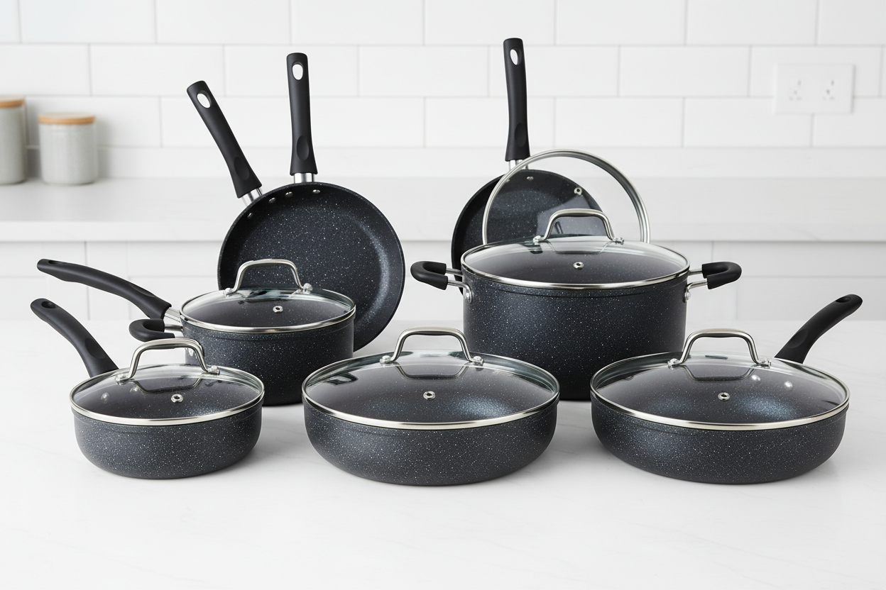 10-piece granite non-stick cookware set with pots, pans and lids on kitchen countertop