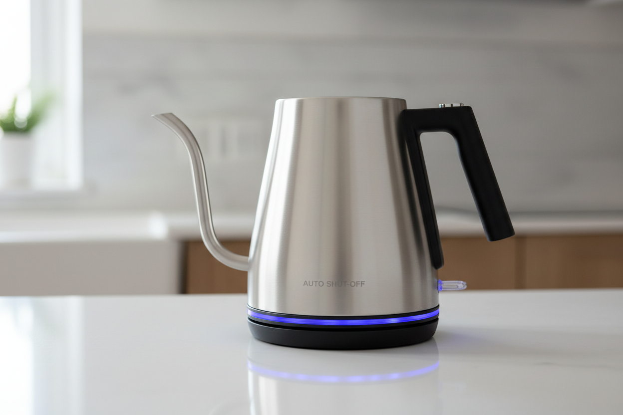 Stainless Steel Electric Kettle with LED indicator on kitchen countertop