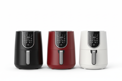 Air Fryer 5.8 Qt Digital Touch Screen in black, red, and white