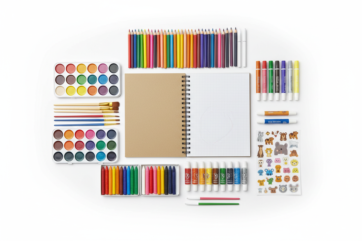 Kids Art and Craft Deluxe Studio Set with paints, markers, pencils, brushes and sketchpad