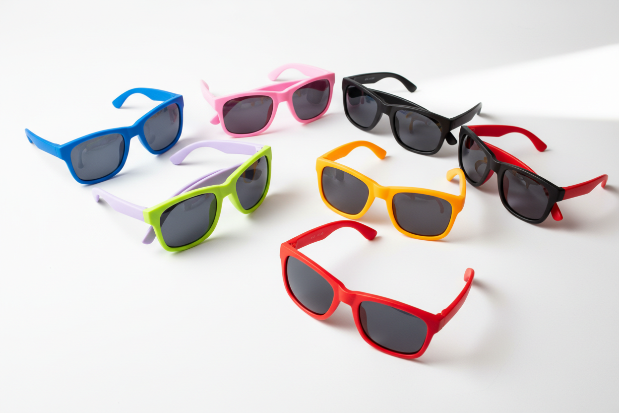 Kids UV400 polarized sunglasses in 7 colors flat lay on white surface