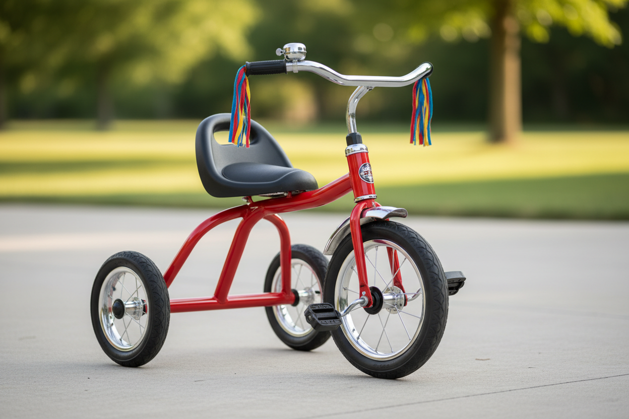 Kids Classic Tricycle in red on outdoor driveway with natural daylight