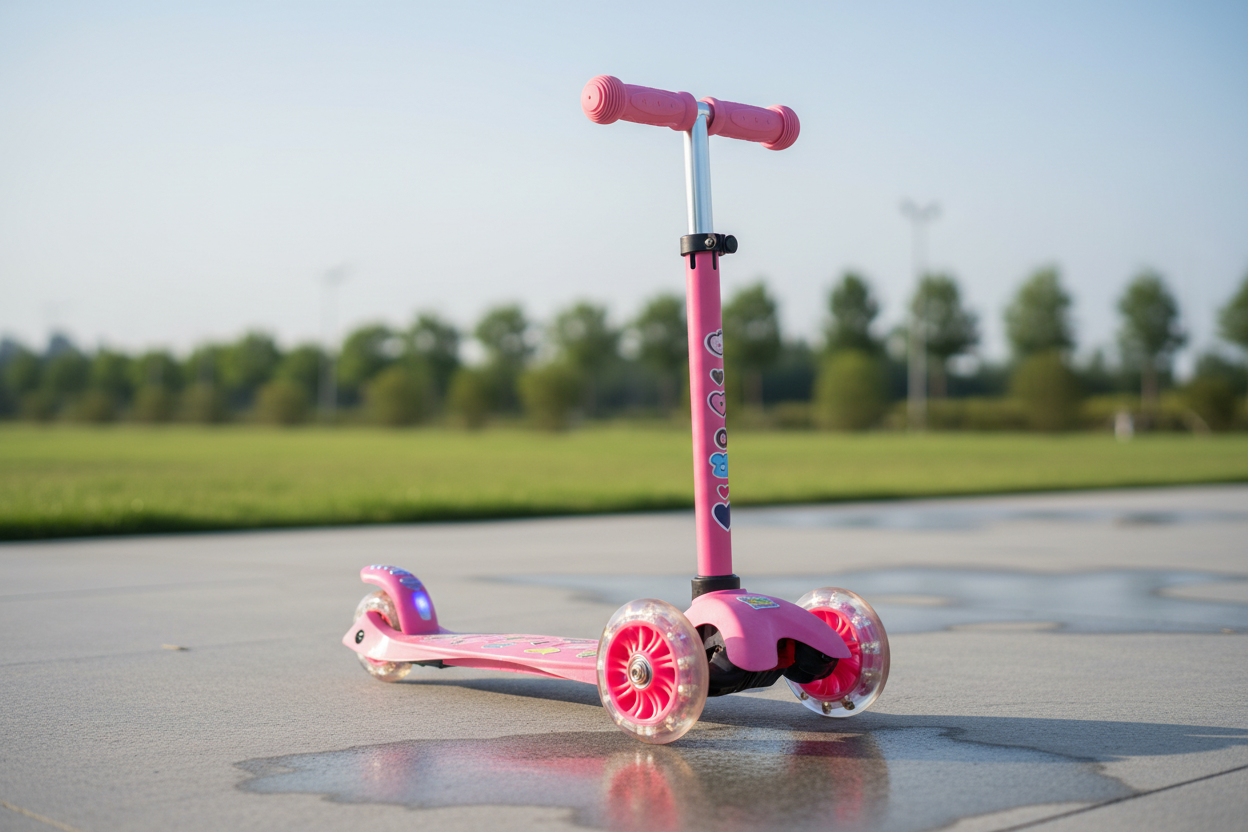 Kids 3-Wheel Kick Scooter in pink on outdoor pavement, lean-to-steer design with adjustable handlebar